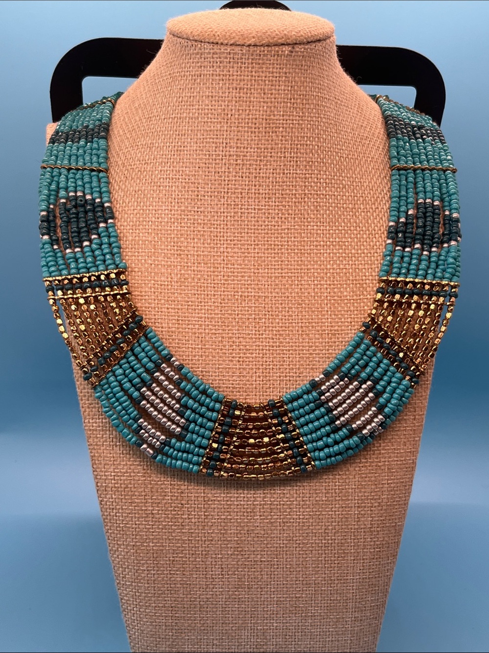 #0149 Lane Bryant Turquoise Beaded Collar Necklace with Gold & Gray Accents